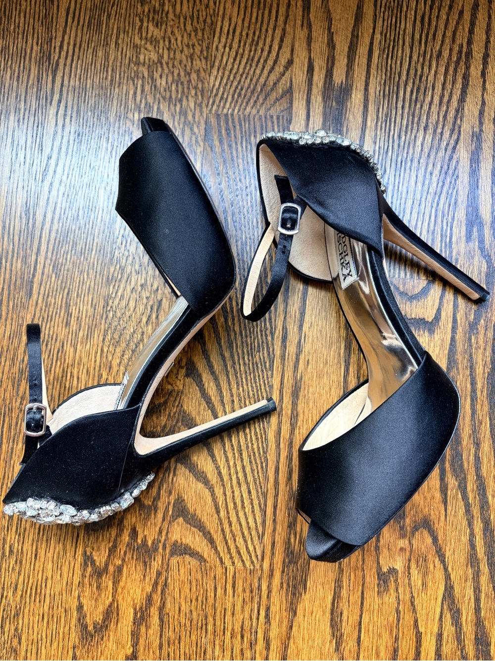 Badgley Mischka Black Satin Crystal Embellished Ankle Strap Heels size 7 - Picture 2 of 12